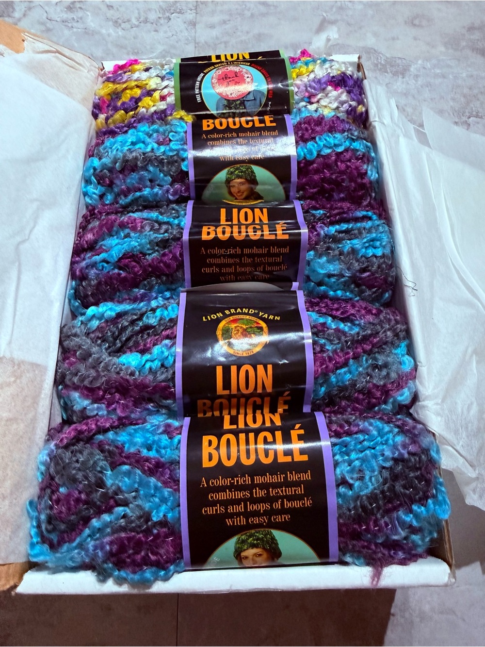 Vintage Lion Brand Boucle Mohair Blend Yarn Lot -4 Snow Cone & 1 Sprinkles